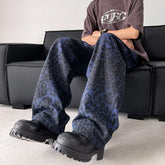 Threebooy Y2K Fashion Blue Leopard Straight Baggy Jeans Pants For Men Clothes Wide Leg Long Trousers